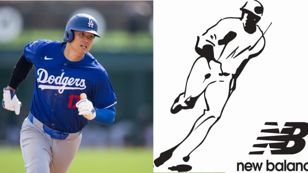 Shohei Ohtani next to his New Balance logo.